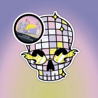 Illustration d'un crâne-boule à facettes sur un fond coloré, pour la soirée Rock Party de La Lune des Pirates.
