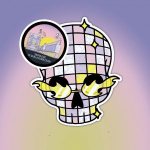 Illustration d'un crâne-boule à facettes sur un fond coloré, pour la soirée Rock Party de La Lune des Pirates.