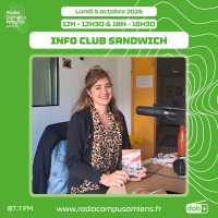 Radio Campus Amiens. Lundi 5 octobre 2026 - 12h-12h30 & 18h-18h30. INFO CLUB SANDWICH. Photo de Marie Godefroy dans nos studios.