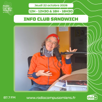 Radio Campus Amiens. Jeudi 22 octobre 2026 - 12h-12h30 & 18h-18h30. INFO CLUB SANDWICH. Photo de Véronique Lespérat-Héquet dans nos studios.