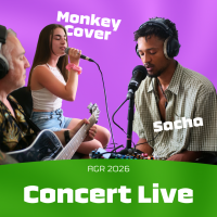 Photos de Monkey Cover et de Sacha sur fond violet. AGR 2026. Concert Live.