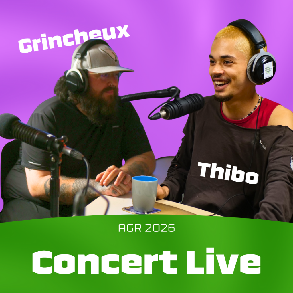Photo de Grincheux et Thibo dans le studio. AGR 2026. Concert Live.