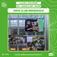 Radio Campus Amiens. Lundi 4 mai 2026 - 12h-12h30 & 18h-18h30. INFO CLUB SANDWICH. Photo de trois collages artistiques exposés sur un mur en verre.
