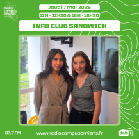 Radio Campus Amiens. Jeudi 7 mai 2026 - 12h-12h30 & 18h-18h30. INFO CLUB SANDWICH. Photo de deux personnes debout en intérieur dans un studio.