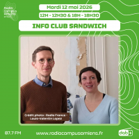 Radio Campus Amiens. Mardi 12 mai 2026 - 12h-12h30 & 18h-18h30. INFO CLUB SANDWICH. Photo de deux personnes debout en intérieur devant un mur blanc. Crédit photographique : Radio France - Louis-Valentin Lopez.