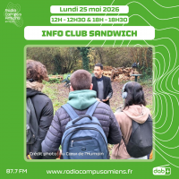 Radio Campus Amiens. Lundi 25 mai 2026 - 12h-12h30 & 18h-18h30. INFO CLUB SANDWICH. Photo extérieure d'un adulte de face, parlant à des enfants de dos.