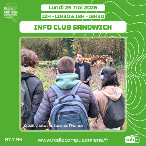 Radio Campus Amiens. Lundi 25 mai 2026 - 12h-12h30 & 18h-18h30. INFO CLUB SANDWICH. Photo extérieure d'un adulte de face, parlant à des enfants de dos.
