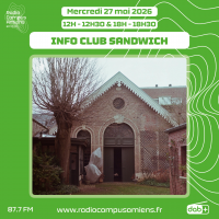 Radio Campus Amiens. Mercredi 27 mai 2026 - 12h-12h30 & 18h-18h30. INFO CLUB SANDWICH. Photo extérieure de la Biscuiterie, un petit bâtiment en brique avec une grande porte arrondie.