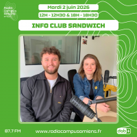 Radio Campus Amiens. Mardi 2 juin 2026 - 12h-12h30 & 18h-18h30. INFO CLUB SANDWICH. Photo de deux personnes assises à une table dans un studio.