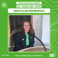 Radio Campus Amiens. Lundi 1er juin 2026 - 12h-12h30 & 18h-18h30. INFO CLUB SANDWICH. Photo d'une personne assise à une table dans un studio.