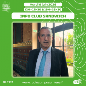 Radio Campus Amiens. Mardi 9 juin 2026 - 12h-12h30 & 18h-18h30. INFO CLUB SANDWICH. Photo d'une personne debout en intérieur, devant une fenêtre.