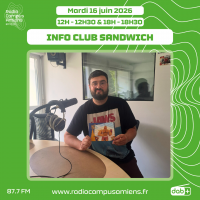 Radio Campus Amiens. Lundi 15 juin 2026 - 12h-12h30 & 18h-18h30. INFO CLUB SANDWICH. Photo d'une personne assise à une table dans un studio de radio.