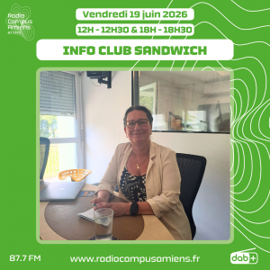 Radio Campus Amiens. Vendredi 19 juin 2026 - 12h-12h30 & 18h-18h30. INFO CLUB SANDWICH. Photo de Virginie Le Men assise au micro dans nos studios.