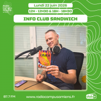 Radio Campus Amiens. Lundi 22 juin 2026 - 12h-12h30 & 18h-18h30. INFO CLUB SANDWICH. Photo de François Thuillier dans nos studios, montrant le flyer de Jazz à Montonvillers.