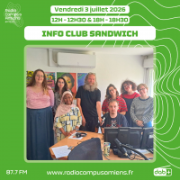 Radio Campus Amiens. Jeudi 2 juillet 2026 - 12h-12h30 & 18h-18h30. INFO CLUB SANDWICH. Photo de l'équipe salariée de la radio dans nos studios.