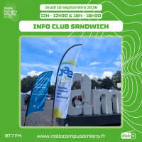 Radio Campus Amiens. Jeudi 10 septembre 2026 - 12h-12h30 & 18h-18h30. INFO CLUB SANDWICH. Photo d'un drapeau JAE devant le logo géant de la ville d'Amiens dans le parc de la Hotoie.
