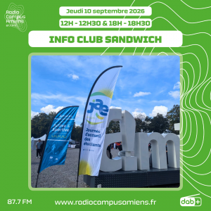 Radio Campus Amiens. Jeudi 10 septembre 2026 - 12h-12h30 & 18h-18h30. INFO CLUB SANDWICH. Photo d'un drapeau JAE devant le logo géant de la ville d'Amiens dans le parc de la Hotoie.