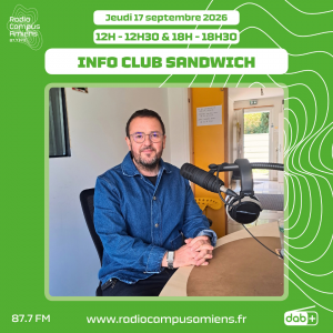 Radio Campus Amiens. Jeudi 17 septembre 2026 - 12h-12h30 & 18h-18h30. INFO CLUB SANDWICH. Photo de Mathieu Hénault dans nos studios.