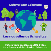 Visuel illustré en style flat/naïf en trois sections horizontales, avec un globe terrestre central au milieu des sections 1 et 2. La première section, sur fond bleu foncé, comprend le titre "Schweitzer Sciences", quatre arbres, une pleine Lune, ainsi qu'un gorille et un diplodocus posés sur la moitié supérieure du globe. La deuxième section, sur fond bleu clair, contient le titre "Les nouvelles de Schweitzer", un footballeur, un robot, deux tickets de cinéma, ainsi qu'un seau de pop corn et un trophée de football posés sur la moitié inférieure du globe. La troisième section, sur fond vert, contient seulement le texte suivant : "L'atelier radio des élèves de CM1-CM2 de Mme Fourcade, de l'école Albert Schweitzer".